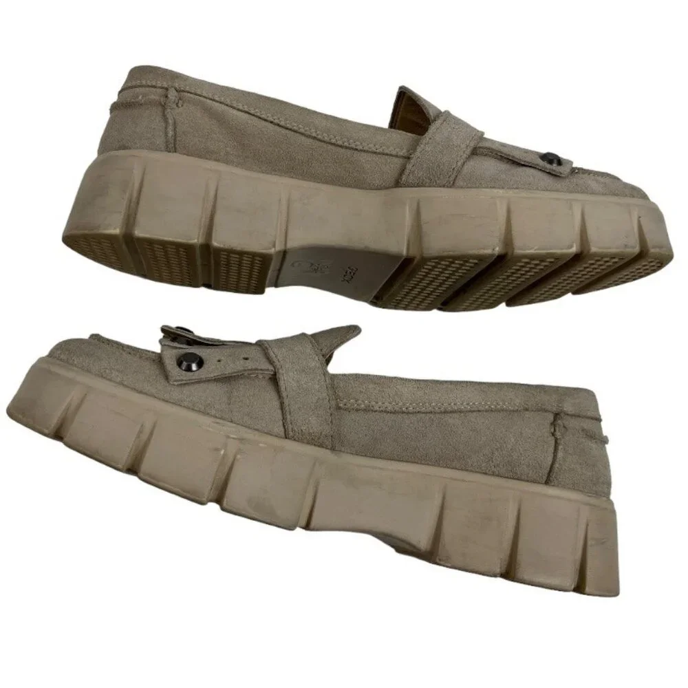 Geox Ghoula Italian Patent Suede Taupe Chunky Lug Loafers Buckle Size 38 (US 8)